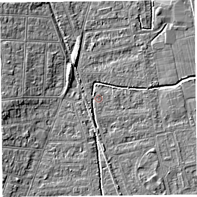 Shaded relief map of the ground around BS233RN, computed from Environment Agency LiDAR. The ground here sits at about 5 m above sea level and falls 8 m across the surrounding 800 m. Surface water reaching this point runs off ground lying to the south, 0.6 m higher.