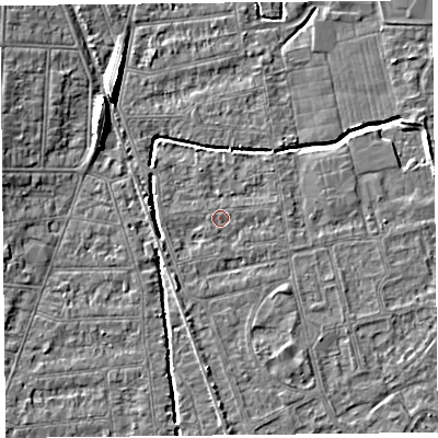 Shaded relief map of the ground around BS233RQ, computed from Environment Agency LiDAR. The ground here sits at about 5 m above sea level and falls 8 m across the surrounding 800 m. Surface water reaching this point runs off ground lying to the south-south-west, 1.8 m higher.