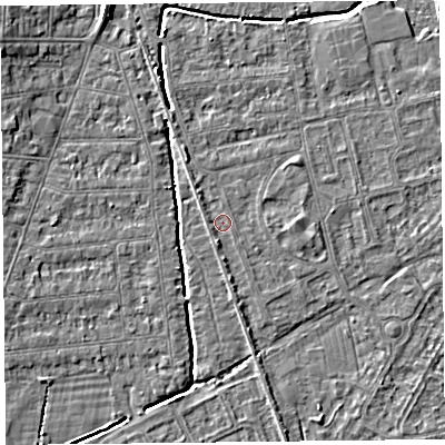 Shaded relief map of the ground around BS233RR, computed from Environment Agency LiDAR. The ground here sits at about 5 m above sea level and falls 5 m across the surrounding 800 m. Surface water reaching this point runs off ground lying to the east, 1.2 m higher.