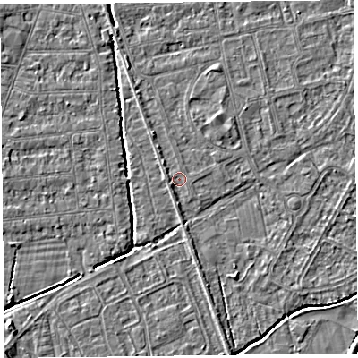 Shaded relief map of the ground around BS233RS, computed from Environment Agency LiDAR. The ground here sits at about 5 m above sea level and falls 3 m across the surrounding 800 m. Surface water reaching this point runs off ground lying to the north-north-west, 1.3 m higher.