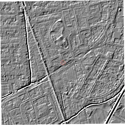 Shaded relief map of the ground around BS233RT, computed from Environment Agency LiDAR. The ground here sits at about 5 m above sea level and falls 3 m across the surrounding 800 m. Surface water reaching this point runs off ground lying to the north-west, 1.7 m higher.