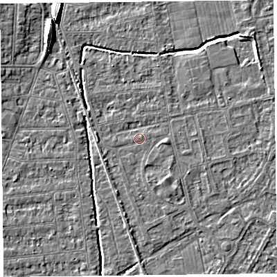 Shaded relief map of the ground around BS233RU, computed from Environment Agency LiDAR. The ground here sits at about 5 m above sea level and falls 8 m across the surrounding 800 m. Surface water reaching this point runs off ground lying to the west, 1.5 m higher.
