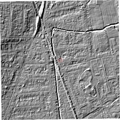 Shaded relief map of the ground around BS233RW, computed from Environment Agency LiDAR. The ground here sits at about 5 m above sea level and falls 8 m across the surrounding 800 m. Surface water reaching this point runs off ground lying to the north-north-west, 0.8 m higher.