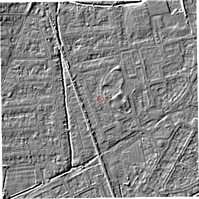 Shaded relief map of the ground around BS233RX, computed from Environment Agency LiDAR. The ground here sits at about 5 m above sea level and falls 4 m across the surrounding 800 m. Surface water reaching this point runs off ground lying to the east, 1.1 m higher.