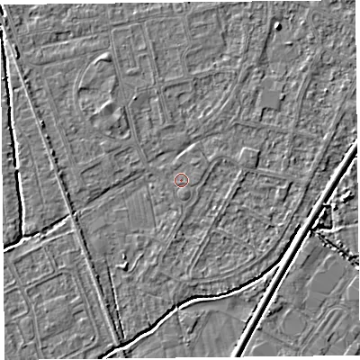 Shaded relief map of the ground around BS233RY, computed from Environment Agency LiDAR. The ground here sits at about 5 m above sea level and falls 3 m across the surrounding 800 m. Surface water reaching this point runs off ground lying to the north-north-west, 1.1 m higher.