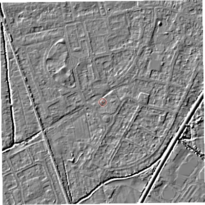 Shaded relief map of the ground around BS233RZ, computed from Environment Agency LiDAR. The ground here sits at about 5 m above sea level and falls 3 m across the surrounding 800 m. Surface water reaching this point runs off ground lying to the north-east, 2.1 m higher.