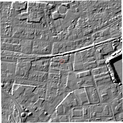 Shaded relief map of the ground around BS233SA, computed from Environment Agency LiDAR. The ground here sits at about 5 m above sea level and falls 7 m across the surrounding 800 m. Surface water reaching this point runs off ground lying to the south-west, 3.5 m higher.