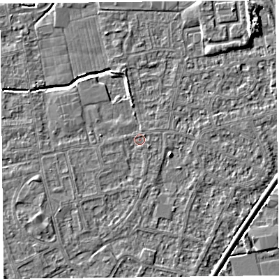 Shaded relief map of the ground around BS233SB, computed from Environment Agency LiDAR. The ground here sits at about 5 m above sea level and falls 7 m across the surrounding 800 m. Surface water reaching this point runs off ground lying to the south-east, 0.8 m higher.