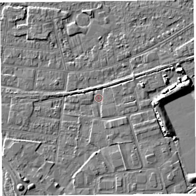 Shaded relief map of the ground around BS233SD, computed from Environment Agency LiDAR. The ground here sits at about 5 m above sea level and falls 7 m across the surrounding 800 m. Surface water reaching this point runs off ground lying to the south-west, 3.5 m higher.