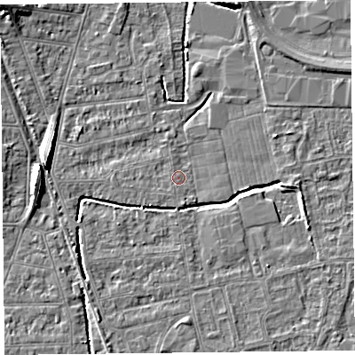 Shaded relief map of the ground around BS233SE, computed from Environment Agency LiDAR. The ground here sits at about 5 m above sea level and falls 8 m across the surrounding 800 m. Surface water reaching this point runs off ground lying to the east, 2.9 m higher.