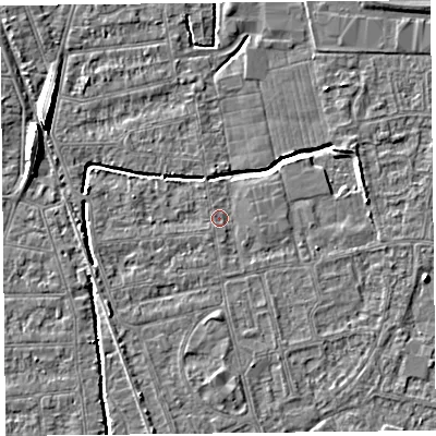 Shaded relief map of the ground around BS233SF, computed from Environment Agency LiDAR. The ground here sits at about 5 m above sea level and falls 8 m across the surrounding 800 m. Surface water reaching this point runs off ground lying to the south, 1.6 m higher.