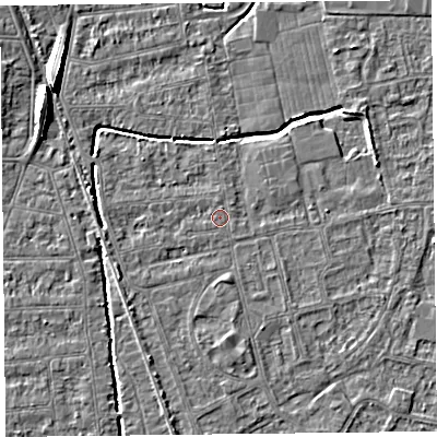 Shaded relief map of the ground around BS233SG, computed from Environment Agency LiDAR. The ground here sits at about 5 m above sea level and falls 8 m across the surrounding 800 m. The ground contributing surface water to this point lies to the north.