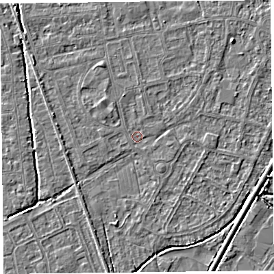Shaded relief map of the ground around BS233SH, computed from Environment Agency LiDAR. The ground here sits at about 5 m above sea level and falls 3 m across the surrounding 800 m. Surface water reaching this point runs off ground lying to the west-north-west, 0.6 m higher.