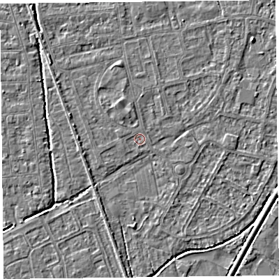 Shaded relief map of the ground around BS233SJ, computed from Environment Agency LiDAR. The ground here sits at about 5 m above sea level and falls 3 m across the surrounding 800 m. The ground contributing surface water to this point lies to the west-south-west.