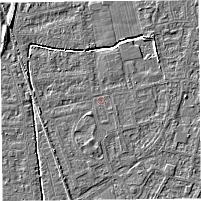 Shaded relief map of the ground around BS233SN, computed from Environment Agency LiDAR. The ground here sits at about 5 m above sea level and falls 8 m across the surrounding 800 m. Surface water reaching this point runs off ground lying to the west-south-west, 1.8 m higher.