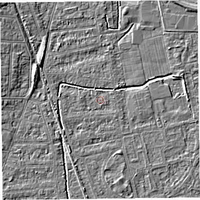 Shaded relief map of the ground around BS233SP, computed from Environment Agency LiDAR. The ground here sits at about 5 m above sea level and falls 8 m across the surrounding 800 m. Surface water reaching this point runs off ground lying to the north, 2.2 m higher.