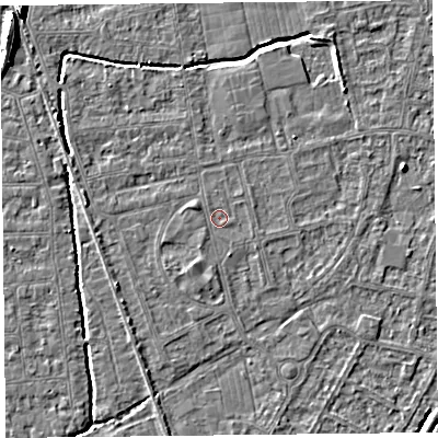 Shaded relief map of the ground around BS233SQ, computed from Environment Agency LiDAR. The ground here sits at about 5 m above sea level and falls 8 m across the surrounding 800 m. Surface water reaching this point runs off ground lying to the south-south-east, 0.5 m higher.