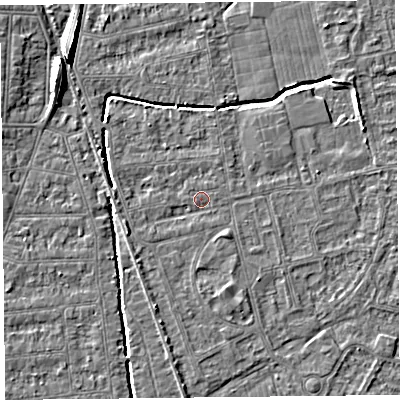 Shaded relief map of the ground around BS233SR, computed from Environment Agency LiDAR. The ground here sits at about 5 m above sea level and falls 8 m across the surrounding 800 m. Surface water reaching this point runs off ground lying to the west-south-west, 1.8 m higher.