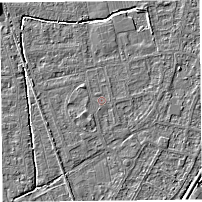 Shaded relief map of the ground around BS233SS, computed from Environment Agency LiDAR. The ground here sits at about 5 m above sea level and falls 8 m across the surrounding 800 m. The ground contributing surface water to this point lies to the south.