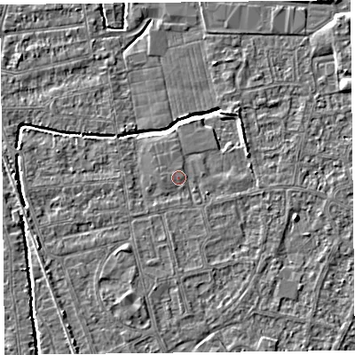 Shaded relief map of the ground around BS233ST, computed from Environment Agency LiDAR. The ground here sits at about 6 m above sea level and falls 3 m across the surrounding 800 m. Surface water reaching this point runs off ground lying to the north-north-east, 0.6 m higher.