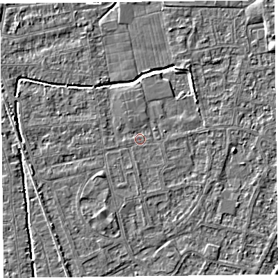 Shaded relief map of the ground around BS233SW, computed from Environment Agency LiDAR. The ground here sits at about 5 m above sea level and falls 3 m across the surrounding 800 m. Surface water reaching this point runs off ground lying to the west-south-west, 1.8 m higher.