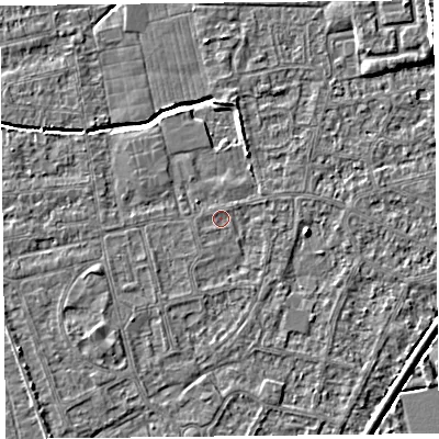 Shaded relief map of the ground around BS233SX, computed from Environment Agency LiDAR. The ground here sits at about 5 m above sea level and falls 7 m across the surrounding 800 m. Surface water reaching this point runs off ground lying to the east, 0.8 m higher.