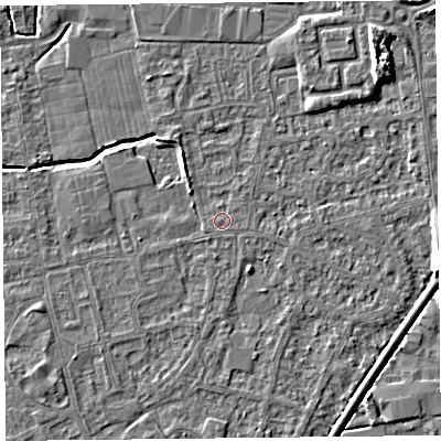 Shaded relief map of the ground around BS233SY, computed from Environment Agency LiDAR. The ground here sits at about 5 m above sea level and falls 8 m across the surrounding 800 m. The ground contributing surface water to this point lies to the west-south-west.