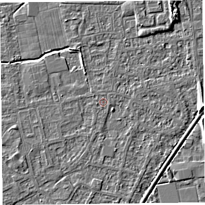 Shaded relief map of the ground around BS233SZ, computed from Environment Agency LiDAR. The ground here sits at about 5 m above sea level and falls 8 m across the surrounding 800 m. Surface water reaching this point runs off ground lying to the west-south-west, 0.6 m higher.