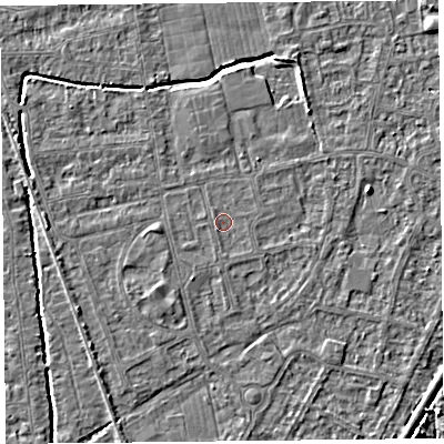 Shaded relief map of the ground around BS233TA, computed from Environment Agency LiDAR. The ground here sits at about 5 m above sea level and falls 3 m across the surrounding 800 m. Surface water reaching this point runs off ground lying to the south, 0.5 m higher.