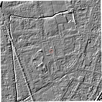 Shaded relief map of the ground around BS233TB, computed from Environment Agency LiDAR. The ground here sits at about 5 m above sea level and falls 8 m across the surrounding 800 m. Surface water reaching this point runs off ground lying to the south, 0.5 m higher.
