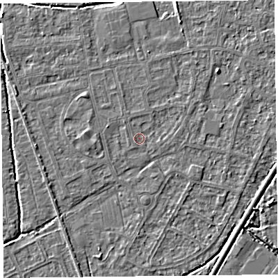 Shaded relief map of the ground around BS233TD, computed from Environment Agency LiDAR. The ground here sits at about 5 m above sea level and falls 3 m across the surrounding 800 m. Surface water reaching this point runs off ground lying to the west-north-west, 1.0 m higher.