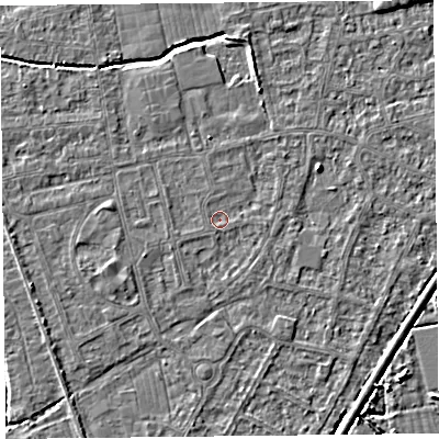 Shaded relief map of the ground around BS233TE, computed from Environment Agency LiDAR. The ground here sits at about 5 m above sea level and falls 3 m across the surrounding 800 m. Surface water reaching this point runs off ground lying to the west-south-west, 1.1 m higher.