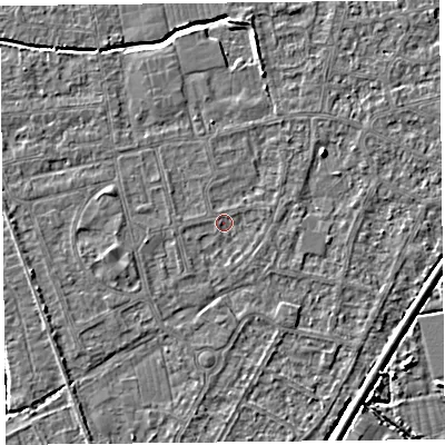 Shaded relief map of the ground around BS233TF, computed from Environment Agency LiDAR. The ground here sits at about 5 m above sea level and falls 3 m across the surrounding 800 m. Surface water reaching this point runs off ground lying to the west-south-west, 1.1 m higher.