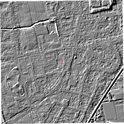 Shaded relief map of the ground around BS233TG, computed from Environment Agency LiDAR. The ground here sits at about 5 m above sea level and falls 7 m across the surrounding 800 m. Surface water reaching this point runs off ground lying to the south, 0.7 m higher.