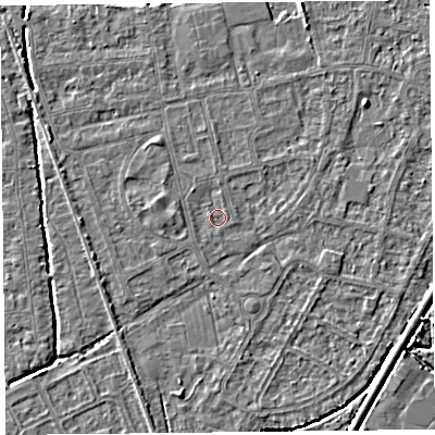 Shaded relief map of the ground around BS233TH, computed from Environment Agency LiDAR. The ground here sits at about 5 m above sea level and falls 3 m across the surrounding 800 m. Surface water reaching this point runs off ground lying to the north-west, 1.1 m higher.