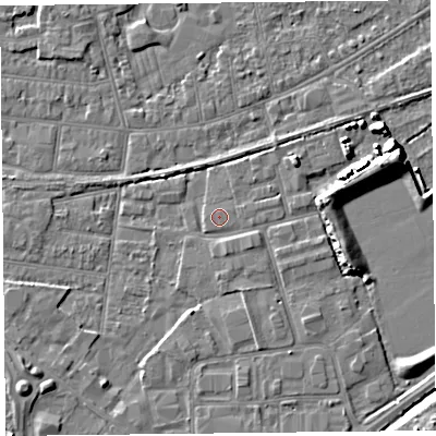 Shaded relief map of the ground around BS233TJ, computed from Environment Agency LiDAR. The ground here sits at about 6 m above sea level and falls 7 m across the surrounding 800 m. Surface water reaching this point runs off ground lying to the east-north-east, 0.7 m higher.