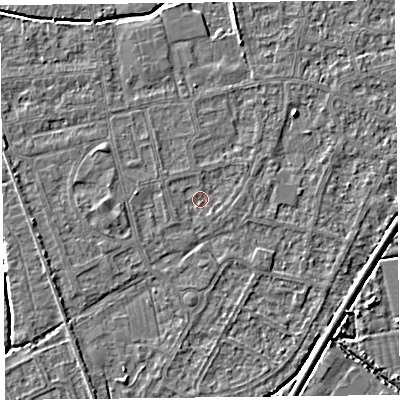 Shaded relief map of the ground around BS233TL, computed from Environment Agency LiDAR. The ground here sits at about 5 m above sea level and falls 3 m across the surrounding 800 m. Surface water reaching this point runs off ground lying to the west, 1.0 m higher.