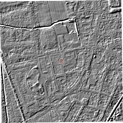Shaded relief map of the ground around BS233TN, computed from Environment Agency LiDAR. The ground here sits at about 5 m above sea level and falls 3 m across the surrounding 800 m. The ground contributing surface water to this point lies to the east-south-east.