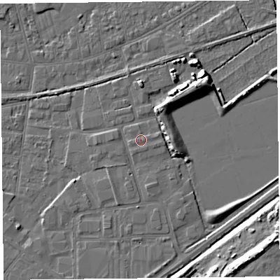 Shaded relief map of the ground around BS233TP, computed from Environment Agency LiDAR. The ground here sits at about 6 m above sea level and falls 12 m across the surrounding 800 m. The ground contributing surface water to this point lies to the west-south-west.