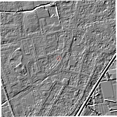 Shaded relief map of the ground around BS233TQ, computed from Environment Agency LiDAR. The ground here sits at about 5 m above sea level and falls 4 m across the surrounding 800 m. Surface water reaching this point runs off ground lying to the north-east, 2.1 m higher.