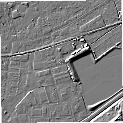 Shaded relief map of the ground around BS233TR, computed from Environment Agency LiDAR. The ground here sits at about 6 m above sea level and falls 12 m across the surrounding 800 m. Surface water reaching this point runs off ground lying to the north, 2.5 m higher.