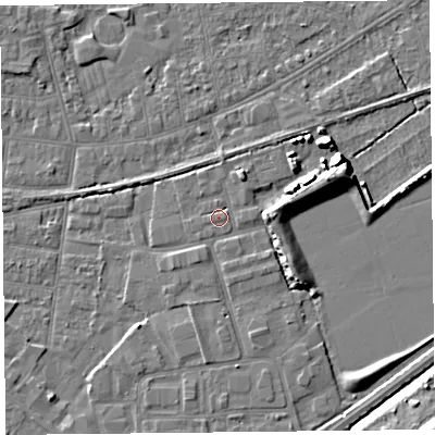 Shaded relief map of the ground around BS233TS, computed from Environment Agency LiDAR. The ground here sits at about 6 m above sea level and falls 10 m across the surrounding 800 m. Surface water reaching this point runs off ground lying to the east-north-east, 1.2 m higher.