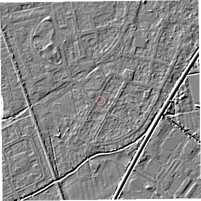 Shaded relief map of the ground around BS233TU, computed from Environment Agency LiDAR. The ground here sits at about 5 m above sea level and falls 3 m across the surrounding 800 m. Surface water reaching this point runs off ground lying to the west-north-west, 0.9 m higher.