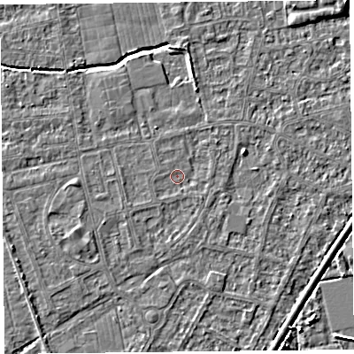 Shaded relief map of the ground around BS233TW, computed from Environment Agency LiDAR. The ground here sits at about 5 m above sea level and falls 6 m across the surrounding 800 m. Surface water reaching this point runs off ground lying to the north-east, 0.8 m higher.