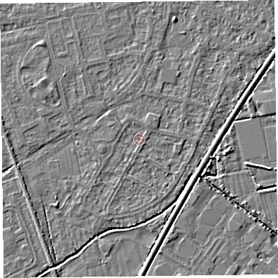 Shaded relief map of the ground around BS233TX, computed from Environment Agency LiDAR. The ground here sits at about 5 m above sea level and falls 4 m across the surrounding 800 m. Surface water reaching this point runs off ground lying to the north-east, 1.0 m higher.