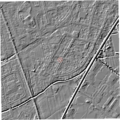 Shaded relief map of the ground around BS233TY, computed from Environment Agency LiDAR. The ground here sits at about 5 m above sea level and falls 3 m across the surrounding 800 m. Surface water reaching this point runs off ground lying to the north-north-east, 1.1 m higher.