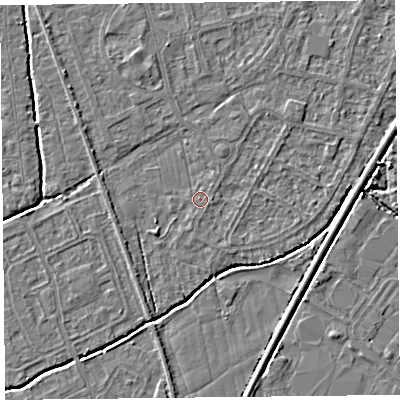Shaded relief map of the ground around BS233TZ, computed from Environment Agency LiDAR. The ground here sits at about 5 m above sea level and falls 3 m across the surrounding 800 m. Surface water reaching this point runs off ground lying to the north-west, 2.8 m higher.