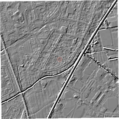 Shaded relief map of the ground around BS233UA, computed from Environment Agency LiDAR. The ground here sits at about 5 m above sea level and falls 4 m across the surrounding 800 m. Surface water reaching this point runs off ground lying to the north, 1.1 m higher.