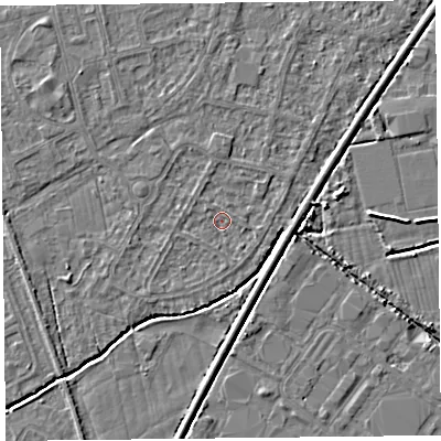 Shaded relief map of the ground around BS233UB, computed from Environment Agency LiDAR. The ground here sits at about 5 m above sea level and falls 4 m across the surrounding 800 m. Surface water reaching this point runs off ground lying to the north, 1.1 m higher.