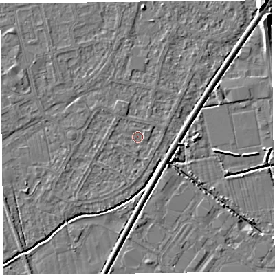 Shaded relief map of the ground around BS233UD, computed from Environment Agency LiDAR. The ground here sits at about 5 m above sea level and falls 8 m across the surrounding 800 m. Surface water reaching this point runs off ground lying to the north-north-west, 1.0 m higher.